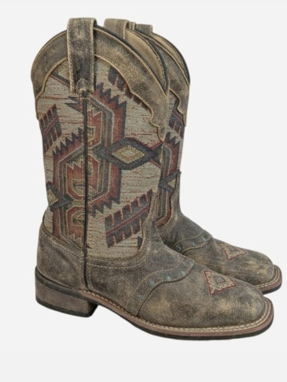 Laredo Scout Aztec Square Toe Western Boot Brown Leather Size 6.5